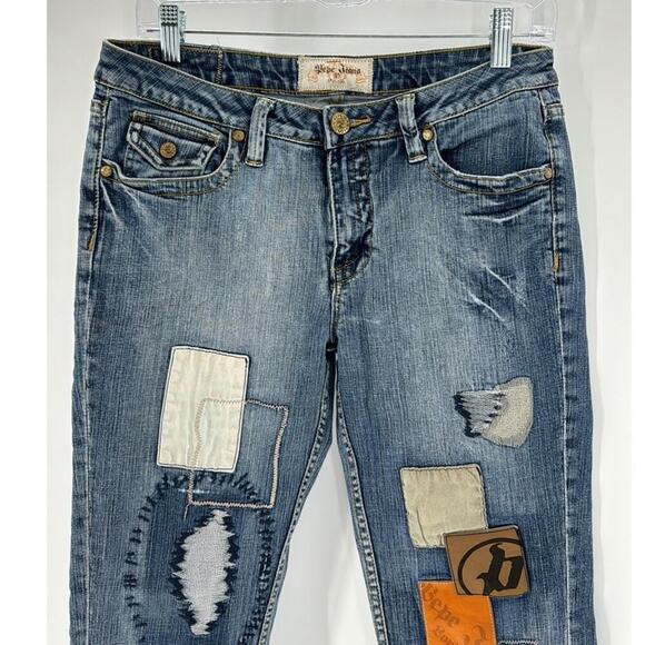 Vintage Pepe London patchwork distressed mid rise flare deans 90s size 30 - Picture 3 of 11